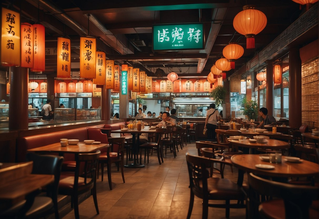 A vibrant Chinese restaurant in Singapore with colorful promotional banners and signs, bustling with diners enjoying special discounts and offers