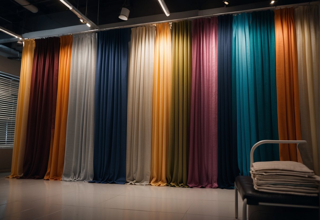 A colorful display of various curtains and blinds with promotional signs in a Singaporean showroom