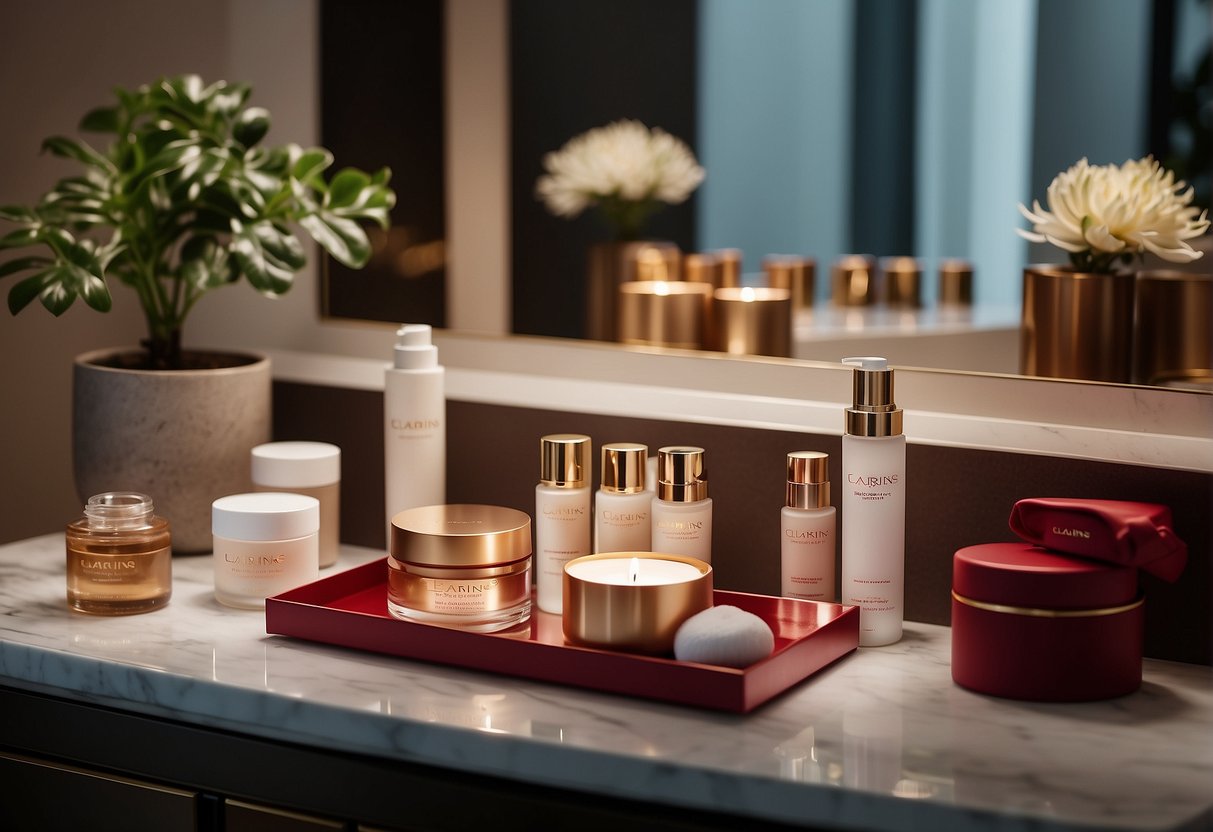A luxurious spa setting with Clarins products displayed, a serene atmosphere, and a sign promoting membership benefits in Singapore