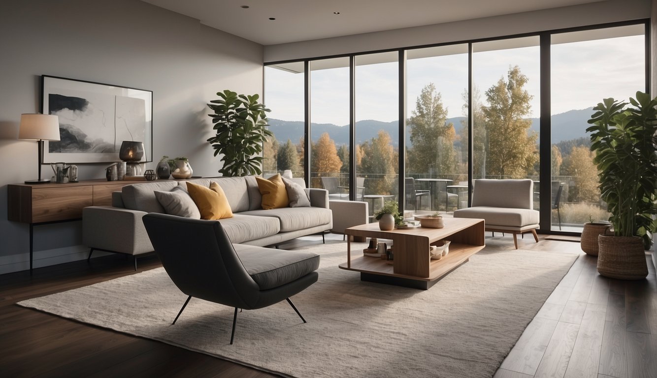 A modern living room with virtual staging, showcasing stylish furniture and decor. A "For Sale" sign outside the window