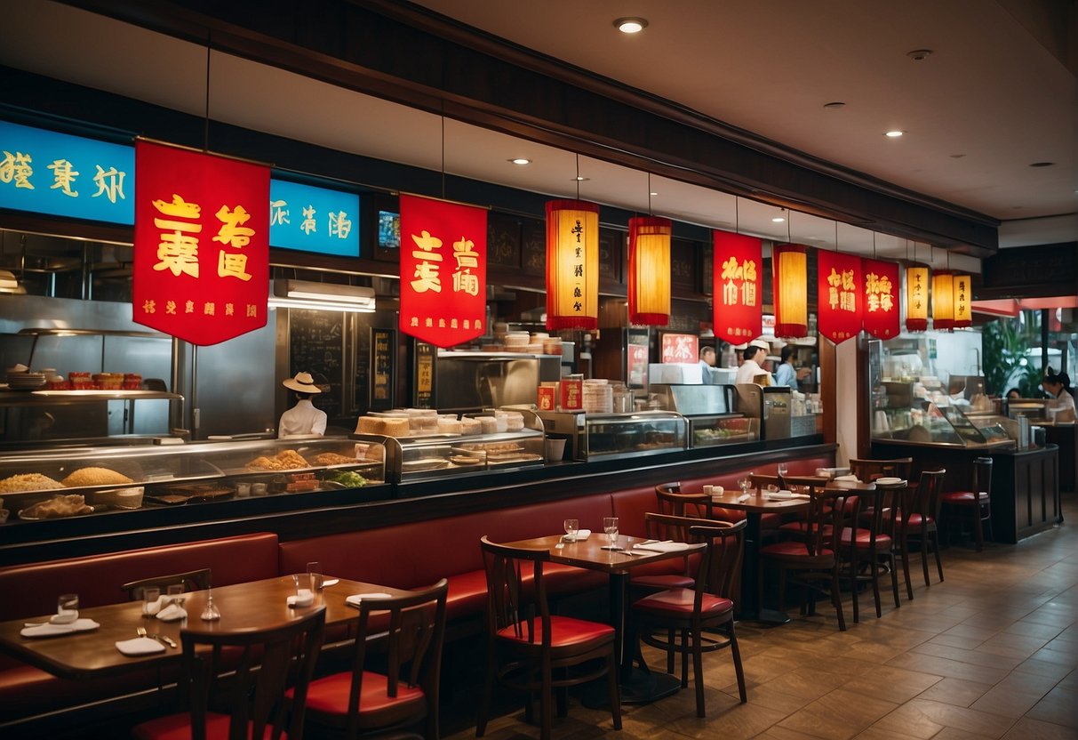 A bustling Chinese restaurant in Singapore displays colorful promotional banners and signs, enticing customers with special offers and discounts