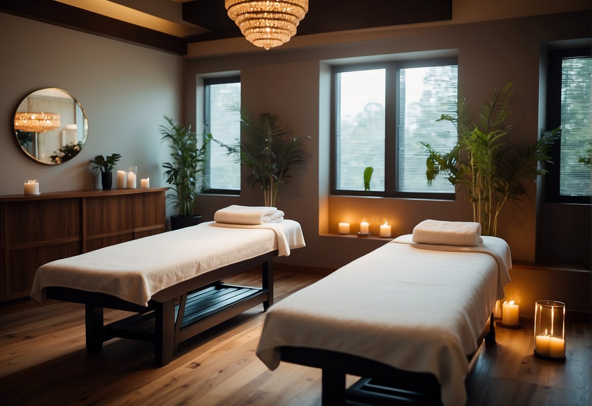 A cozy spa room with two massage tables, soft lighting, and relaxing music. A sign displays "2024 Couple Spa Promotions" with price details