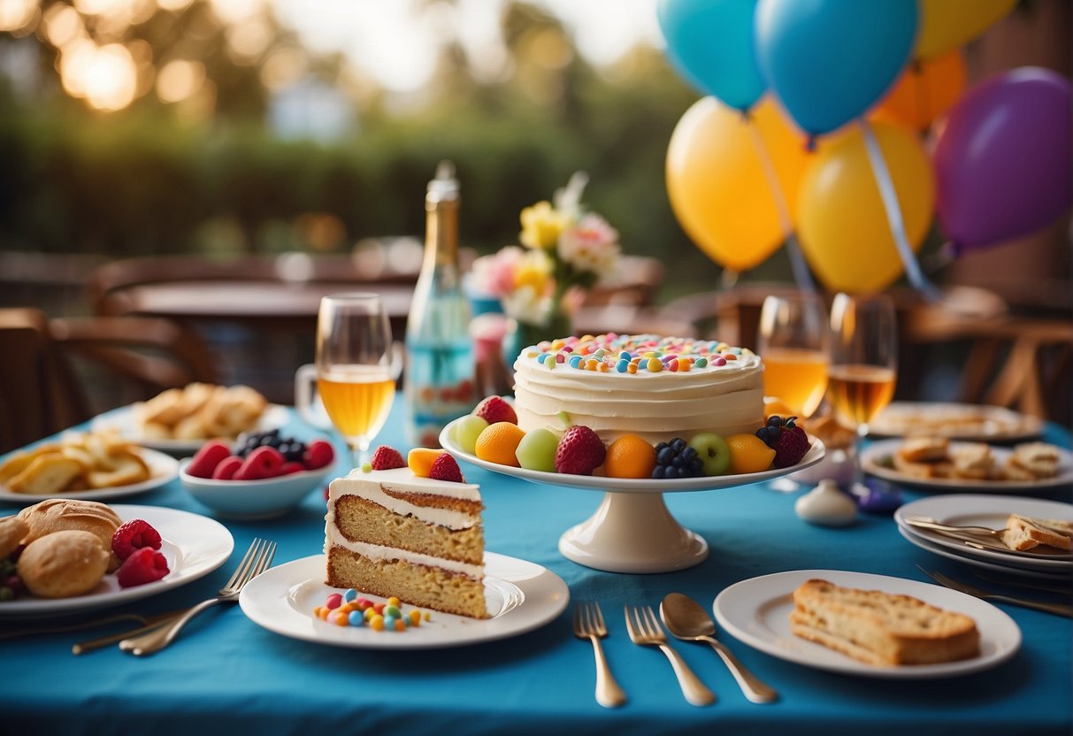 A table set with a colorful array of food and drinks, surrounded by festive decorations and balloons, with a birthday cake as the centerpiece