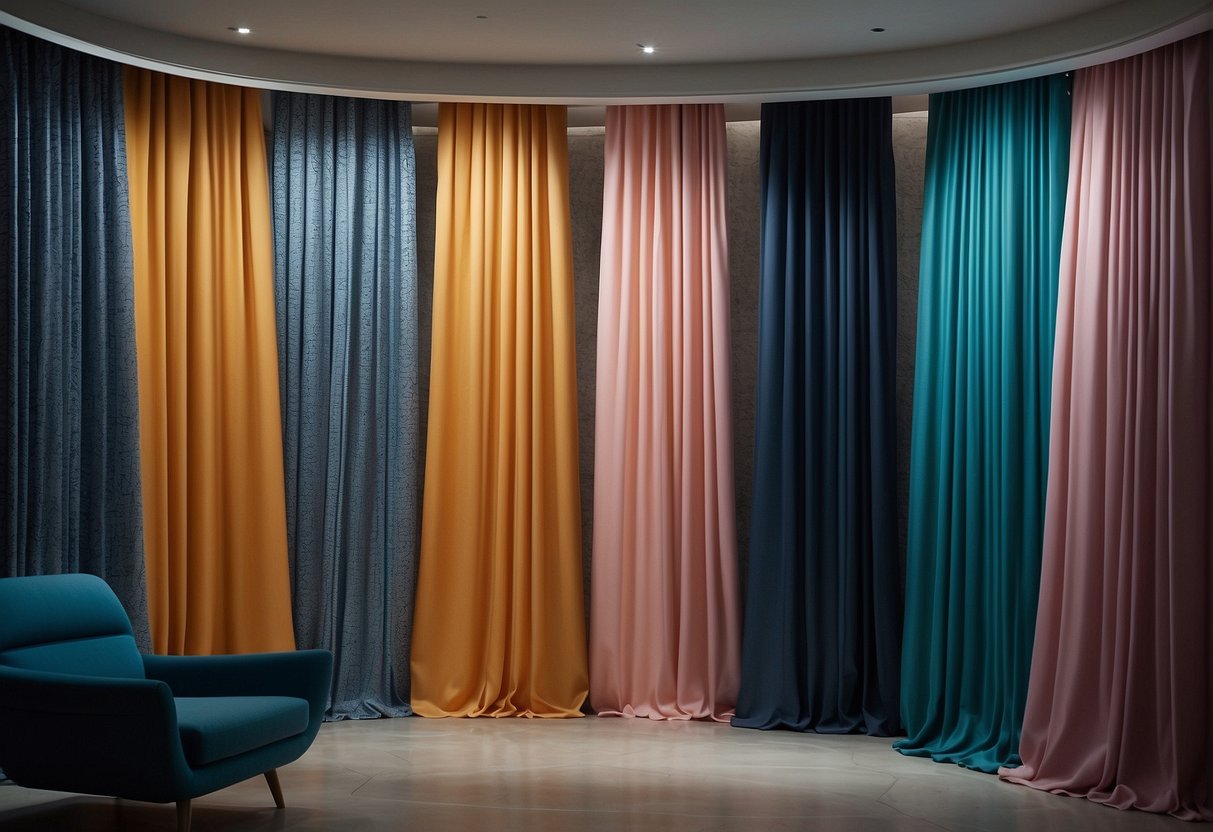 A colorful array of modern curtains with unique patterns and innovative features on display in a sleek and stylish showroom in Singapore