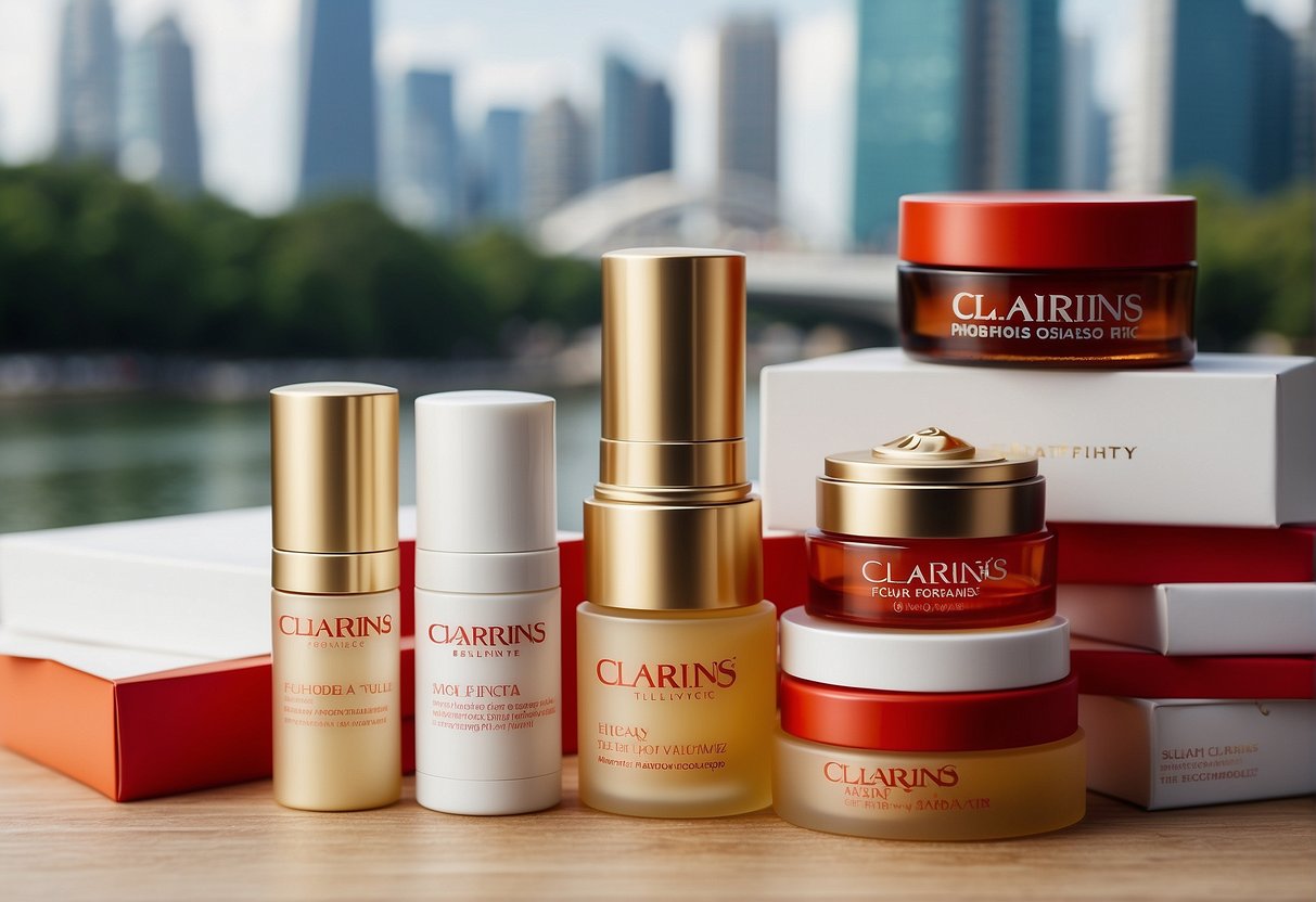 A stack of promotional materials with the Clarins logo, surrounded by vibrant Singaporean landmarks and symbols