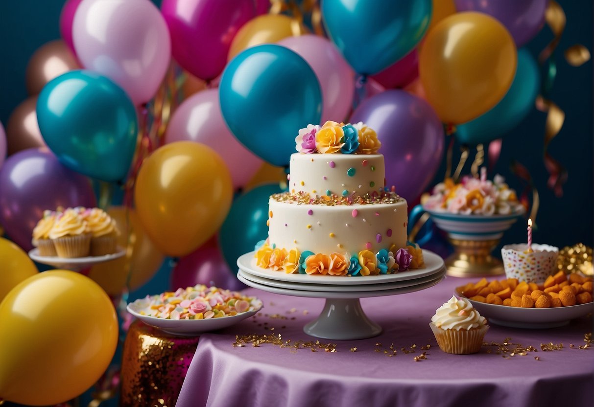 A table set with a colorful cake, confetti, and a pile of presents. Balloons and streamers decorate the room, creating a festive atmosphere for the 28th birthday celebration