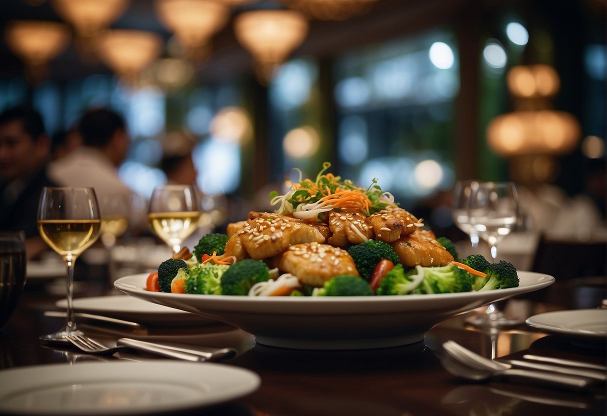 A lavish dining event at a Chinese restaurant in Singapore, with elegant table settings, exquisite dishes, and enthusiastic food enthusiasts enjoying the exclusive promotions