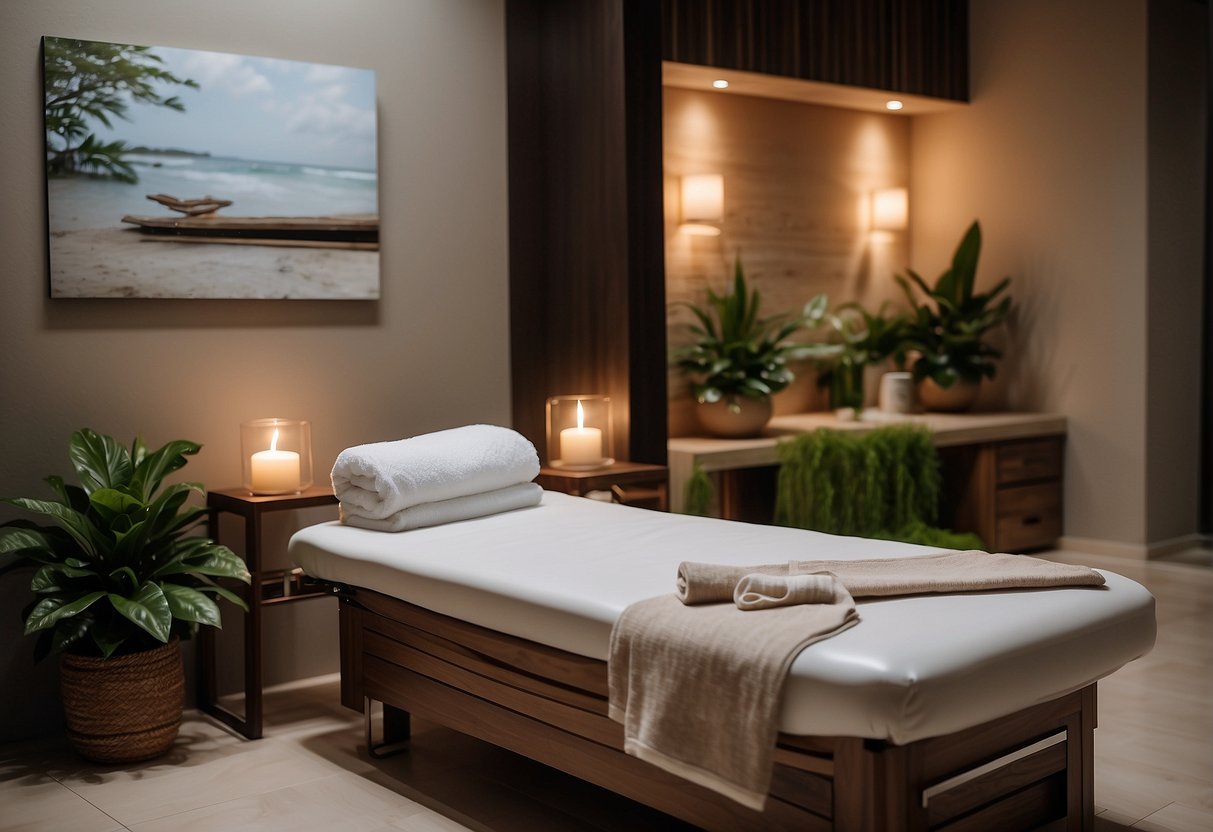 A serene spa setting with promotional signage, cozy couple massage beds, and soothing decor