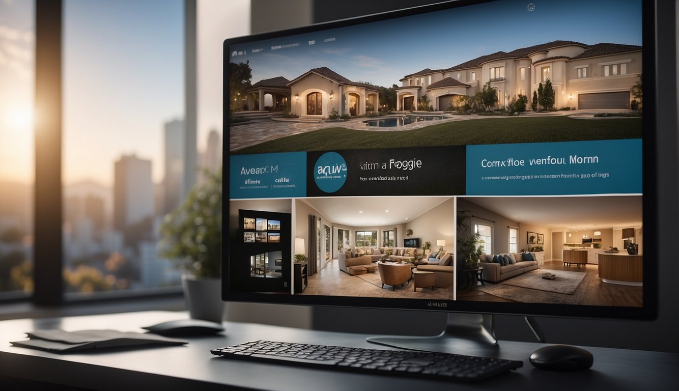 A computer displaying virtual staging software with a before and after image of a living room, surrounded by real estate brochures and a "For Sale" sign