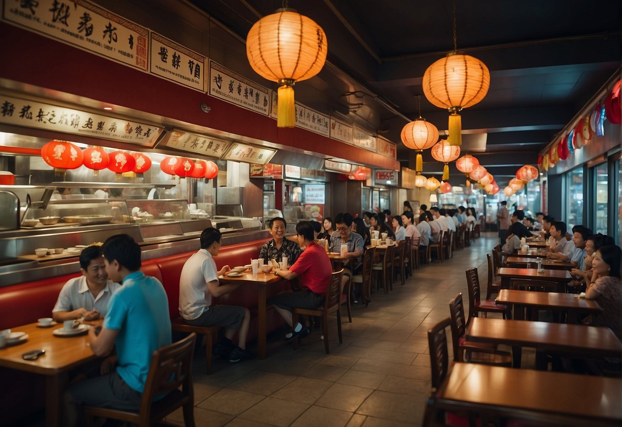 A bustling Chinese restaurant in Singapore, with colorful promotional posters displayed prominently, and a steady stream of customers entering and leaving