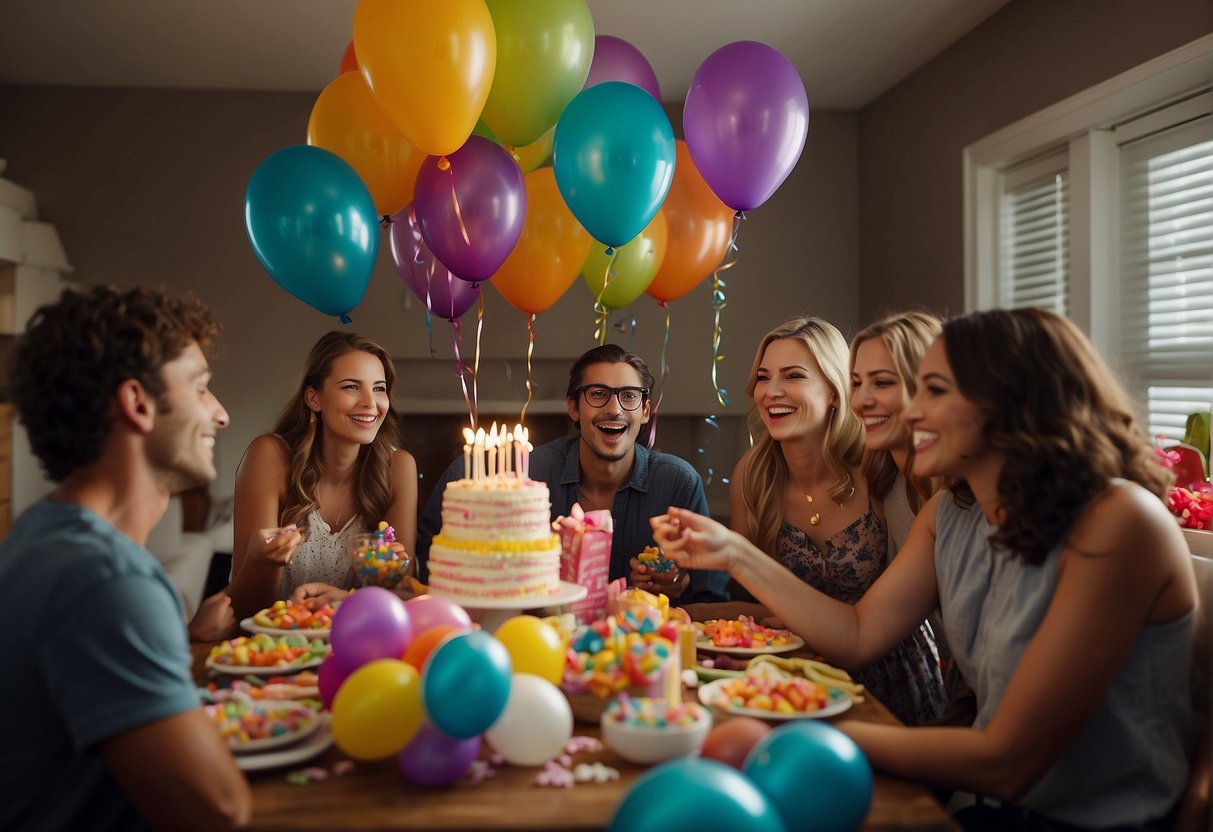 A group of friends gather around a table filled with colorful decorations and a birthday cake. Balloons and streamers adorn the room, while presents are piled in a corner. Laughter and smiles fill the air as the birthday celebration begins