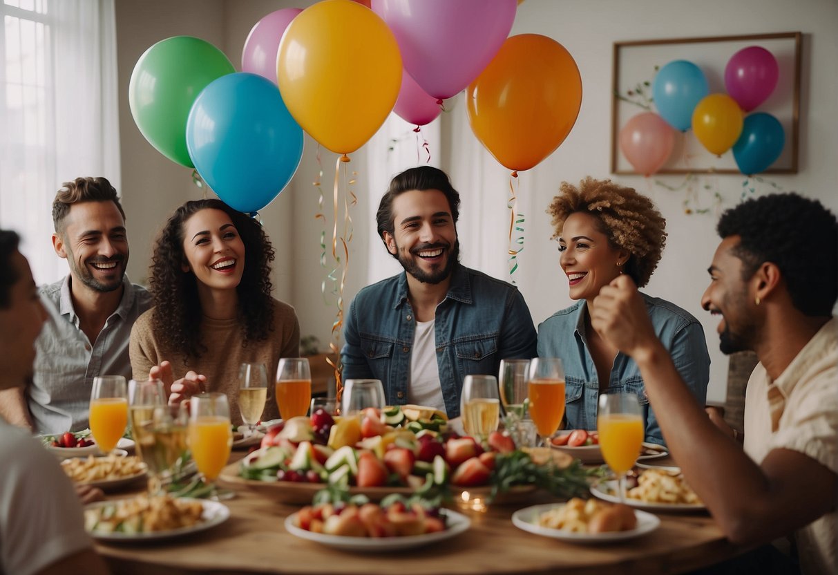 A group of friends and family gather around a table filled with food and drinks, laughing and sharing stories. Balloons and decorations adorn the room, creating a festive atmosphere. The birthday person is surrounded by love and joy