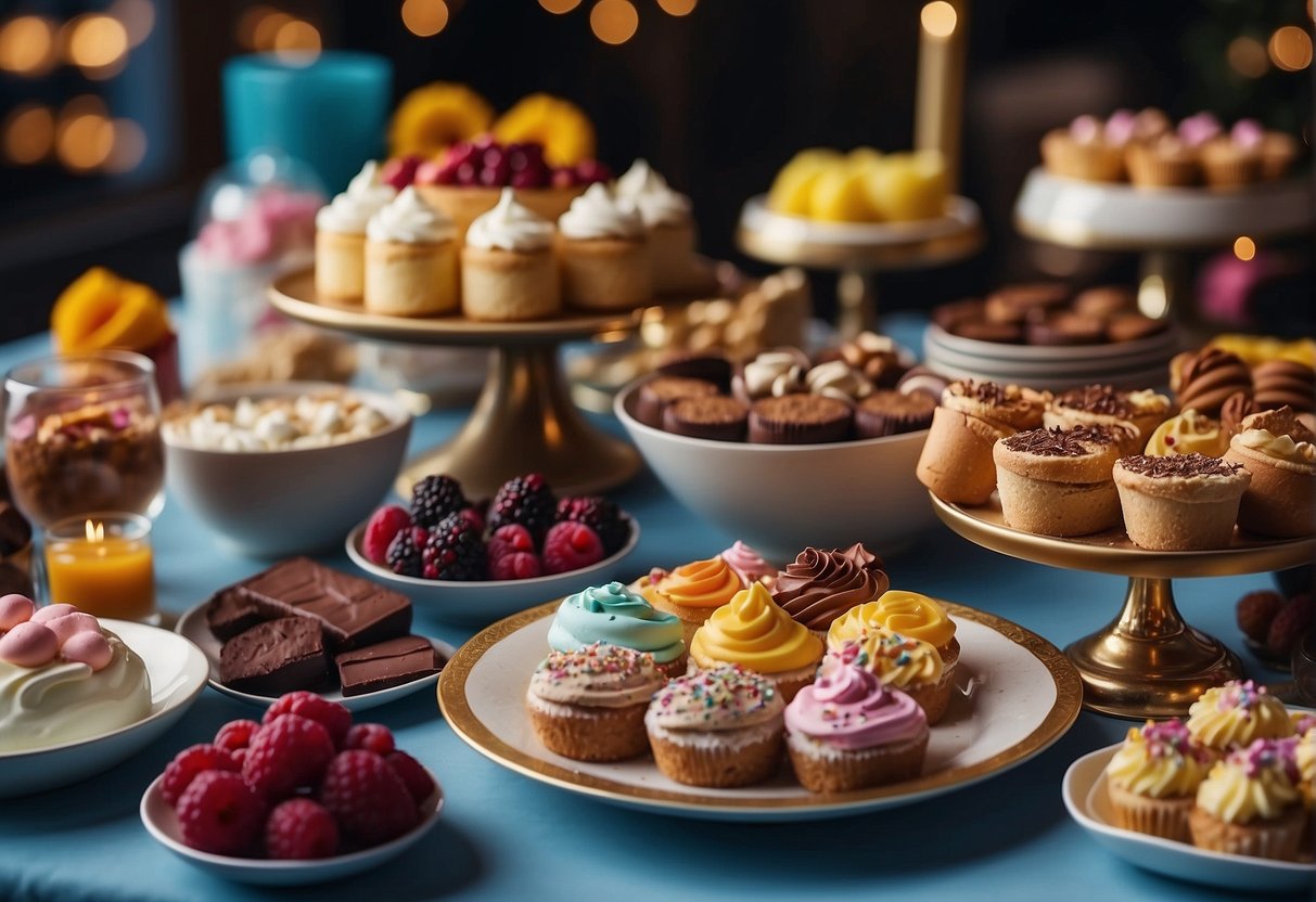 A table adorned with a colorful array of decadent desserts and treats, surrounded by festive decorations and vibrant party favors