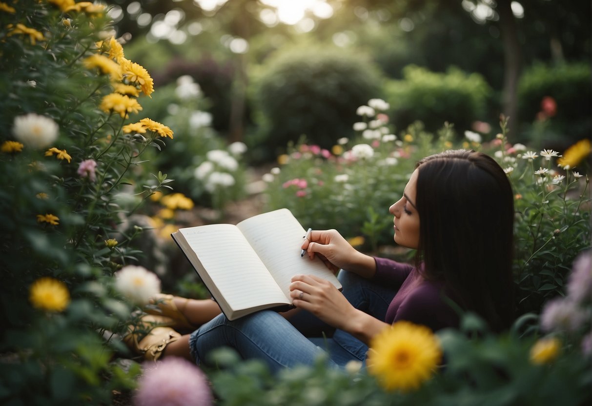 A person sitting in a peaceful garden, surrounded by blooming flowers and lush greenery, journaling and reflecting on their personal growth