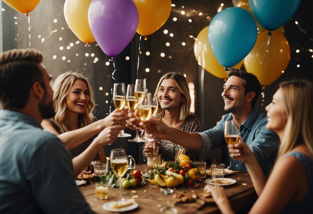 A group of friends gathered around a table with balloons and confetti, raising their glasses in a toast to celebrate a 30th birthday