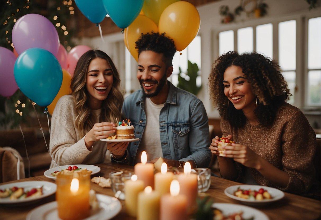 A group of friends gather around a table with colorful decorations, playing games and sharing laughter. A cake with lit candles sits in the center, while balloons and streamers add to the festive atmosphere