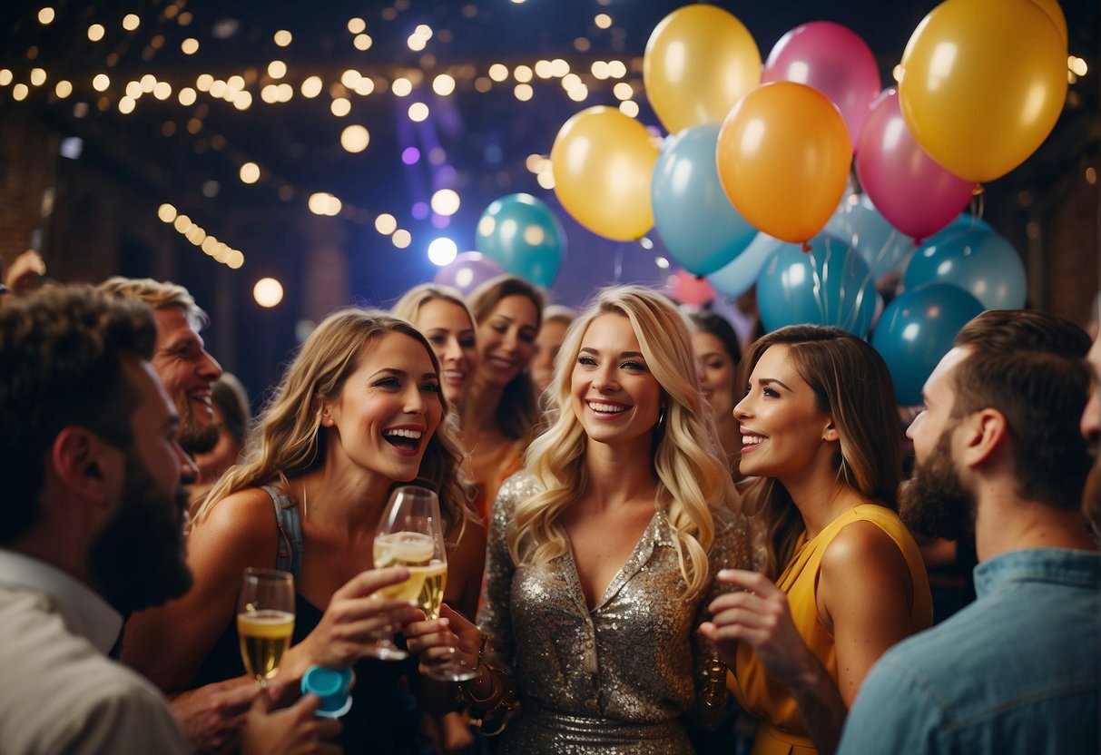 A lively 30th birthday party with balloons, confetti, and a DJ spinning music. People are mingling, laughing, and enjoying drinks and snacks