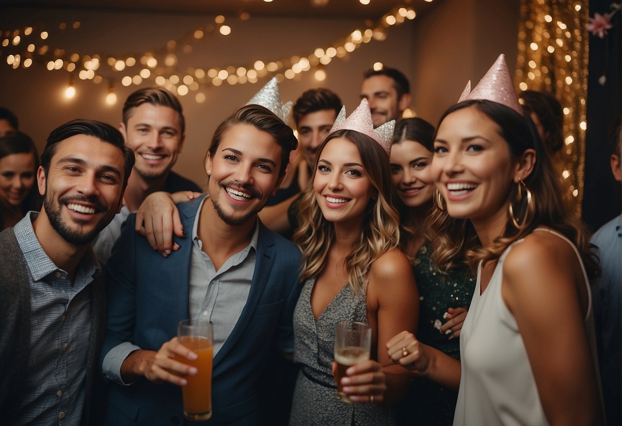 Guests enjoying a surprise party with personalized decorations, a photo booth, and interactive activities for a 30th birthday celebration