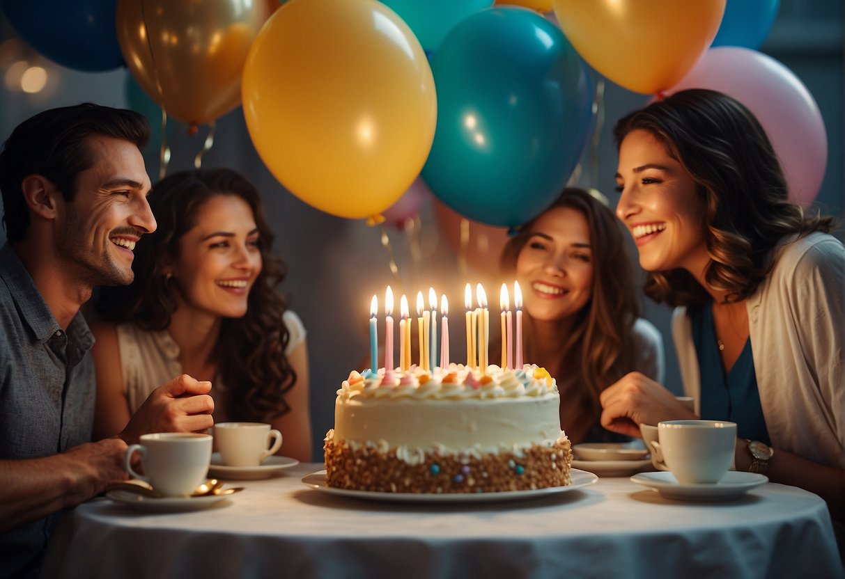 A table set with birthday cake, balloons, and gifts. Friends gather around, laughing and chatting. A banner reads "Happy 31st Birthday."