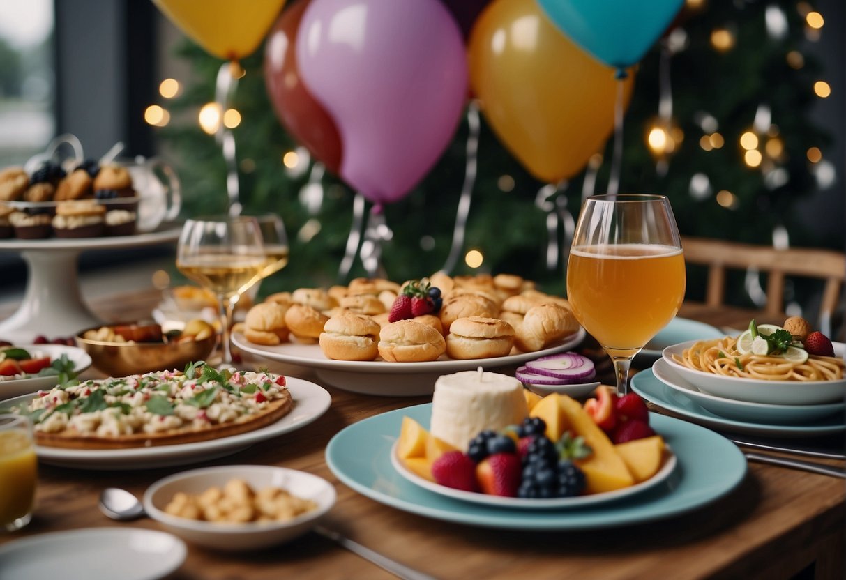 A table filled with an assortment of gourmet dishes and drinks, surrounded by festive decorations and balloons, set up for a 31st birthday celebration