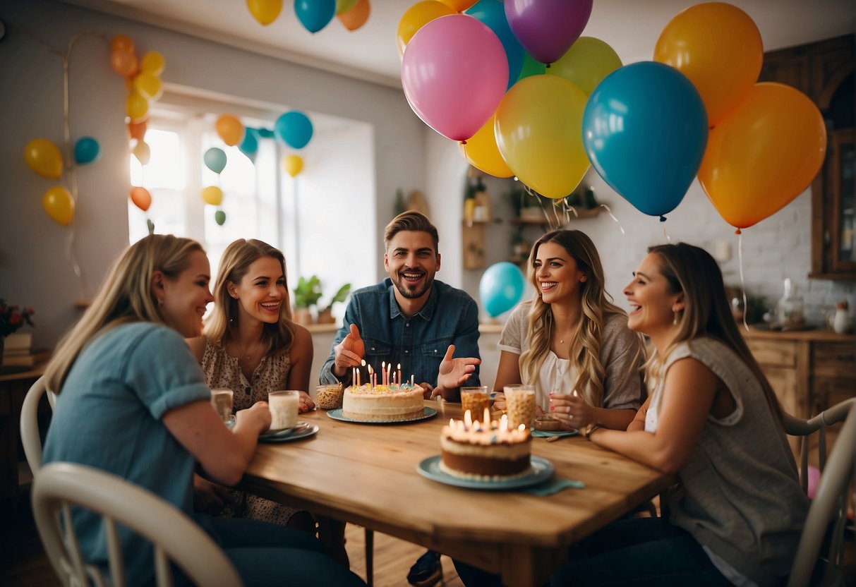 A group of friends gathered around a table with colorful decorations, balloons, and a birthday cake. They are playing games, laughing, and enjoying each other's company