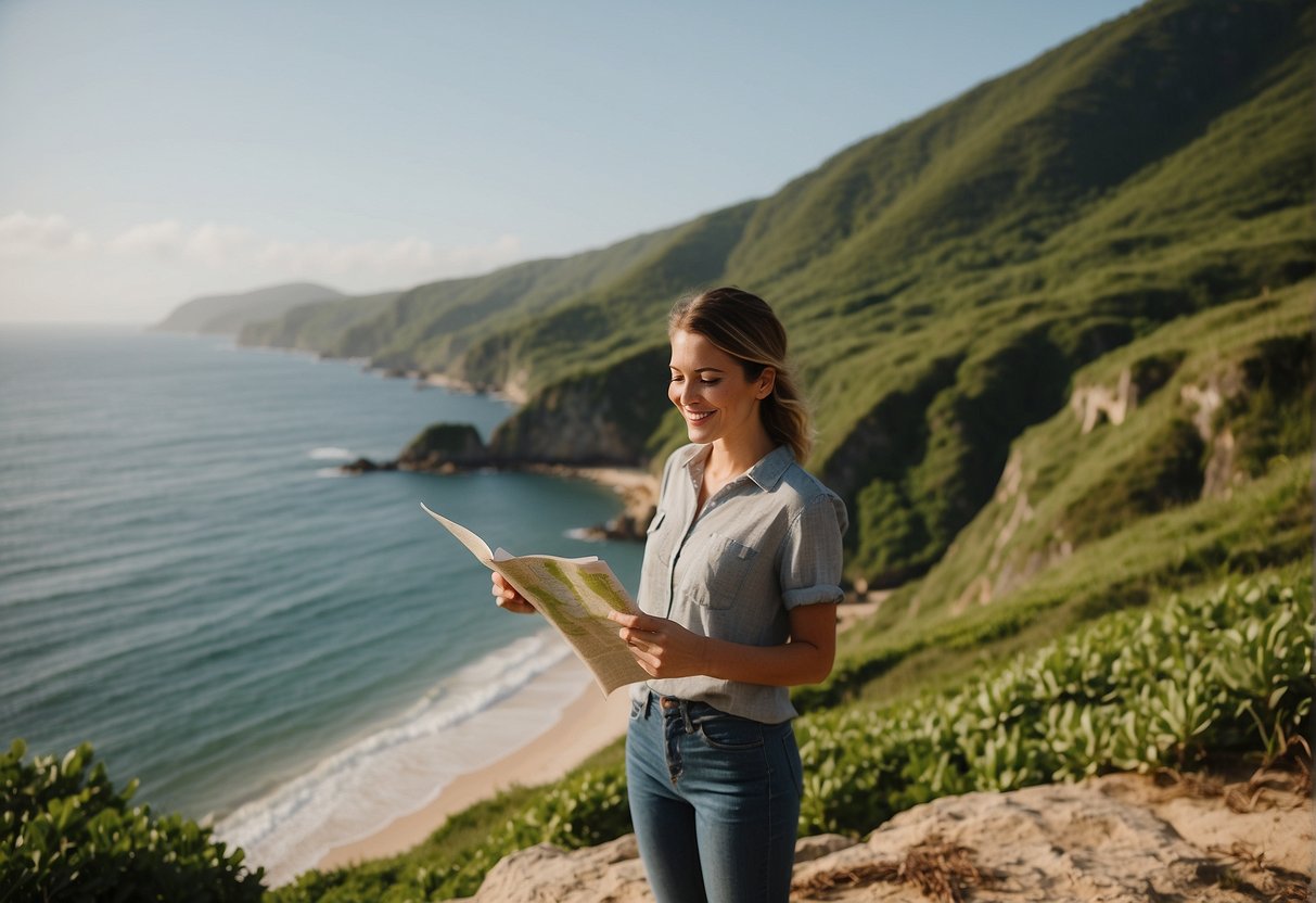 A woman stands on a cliff overlooking a picturesque beach, surrounded by lush greenery. She holds a map and smiles as she looks for the perfect spot to celebrate her 32nd birthday