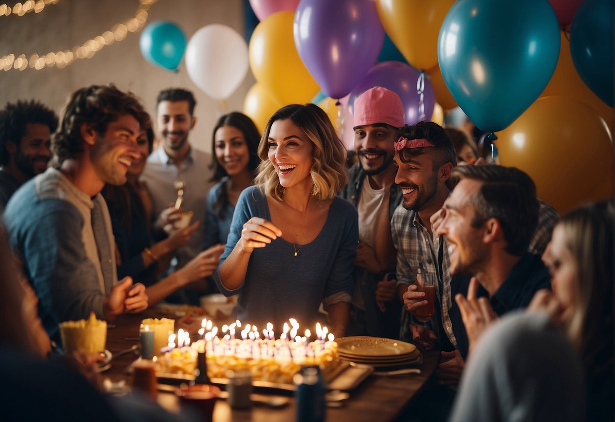 People dancing, playing games, and enjoying food at a 32nd birthday party. Balloons, streamers, and a birthday cake add to the festive atmosphere