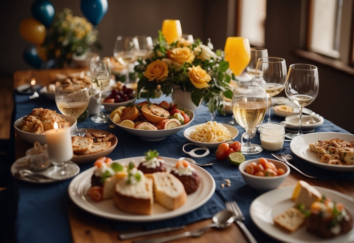 A table set with a variety of dishes and drinks, surrounded by friends and family, with balloons and decorations for a 32nd birthday celebration