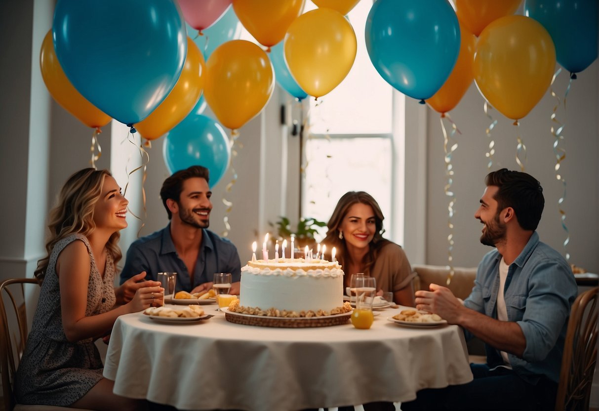 A table set with a birthday cake, balloons, and presents. A group of friends gathered around, laughing and sharing stories