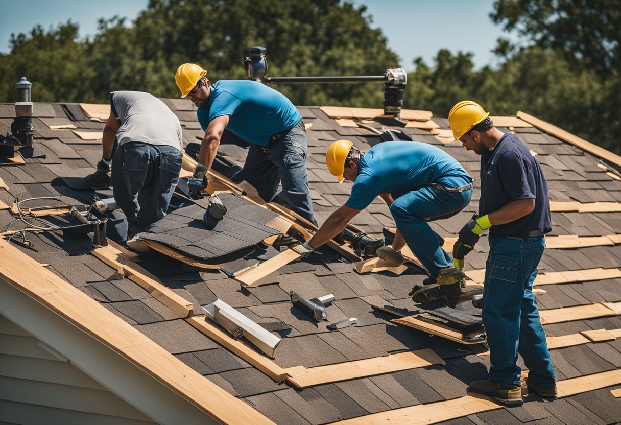 A crew of workers installs new shingles on a sloped roof in Austin, TX. Tools and materials are scattered around the work area