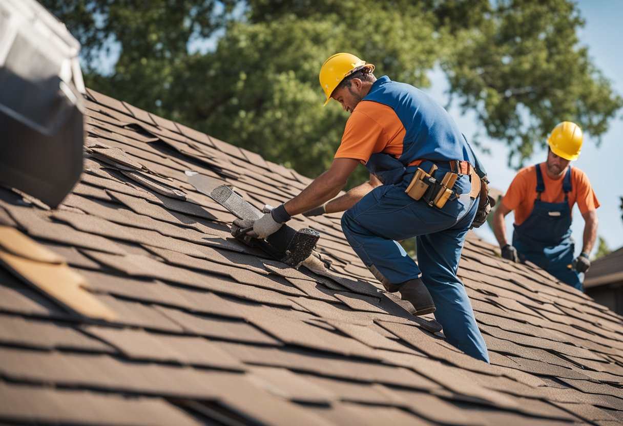 A crew of workers removing old shingles from a house in Austin, TX. New roofing materials are stacked nearby, ready for installation