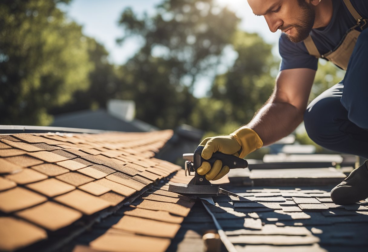 A worker carefully measures and cuts shingles for a roof replacement in Austin, TX. The sun shines down on the detailed work, highlighting the precision and care taken in selecting the right materials