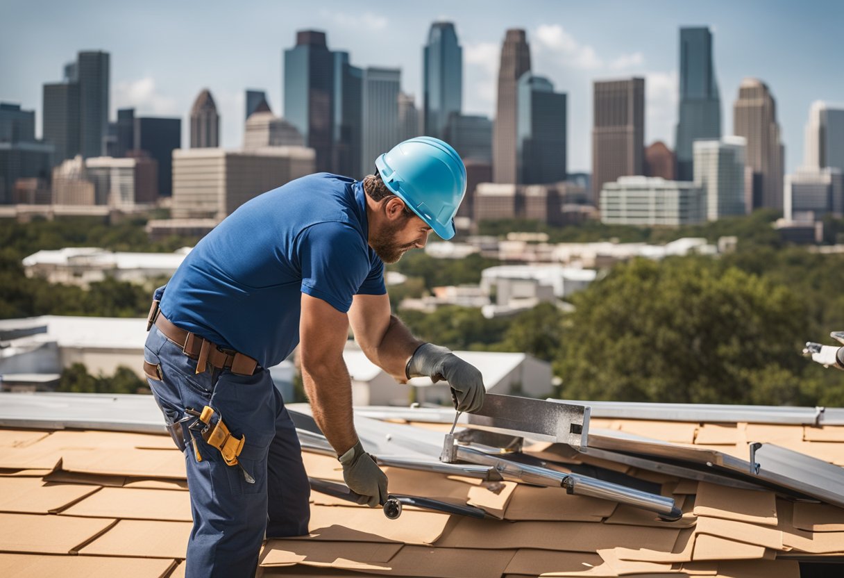 A professional contractor replacing a roof in Austin, TX. Materials, tools, and workers on the roof. Skyline in the background