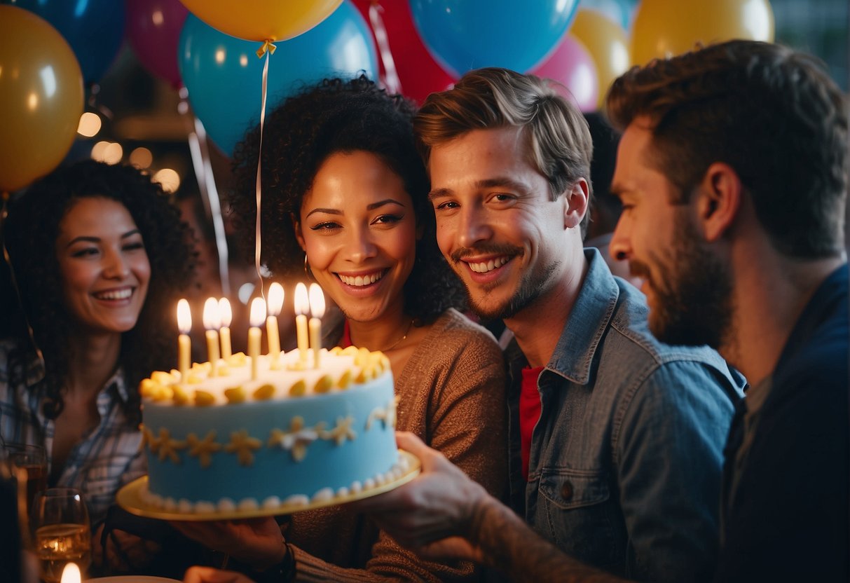 People celebrating with balloons, cake, and presents at a 34th birthday party