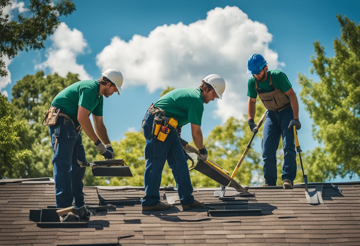 A sunny day in Austin, TX. A crew of workers replacing a roof on a house, using tools and materials. Blue sky and green trees in the background