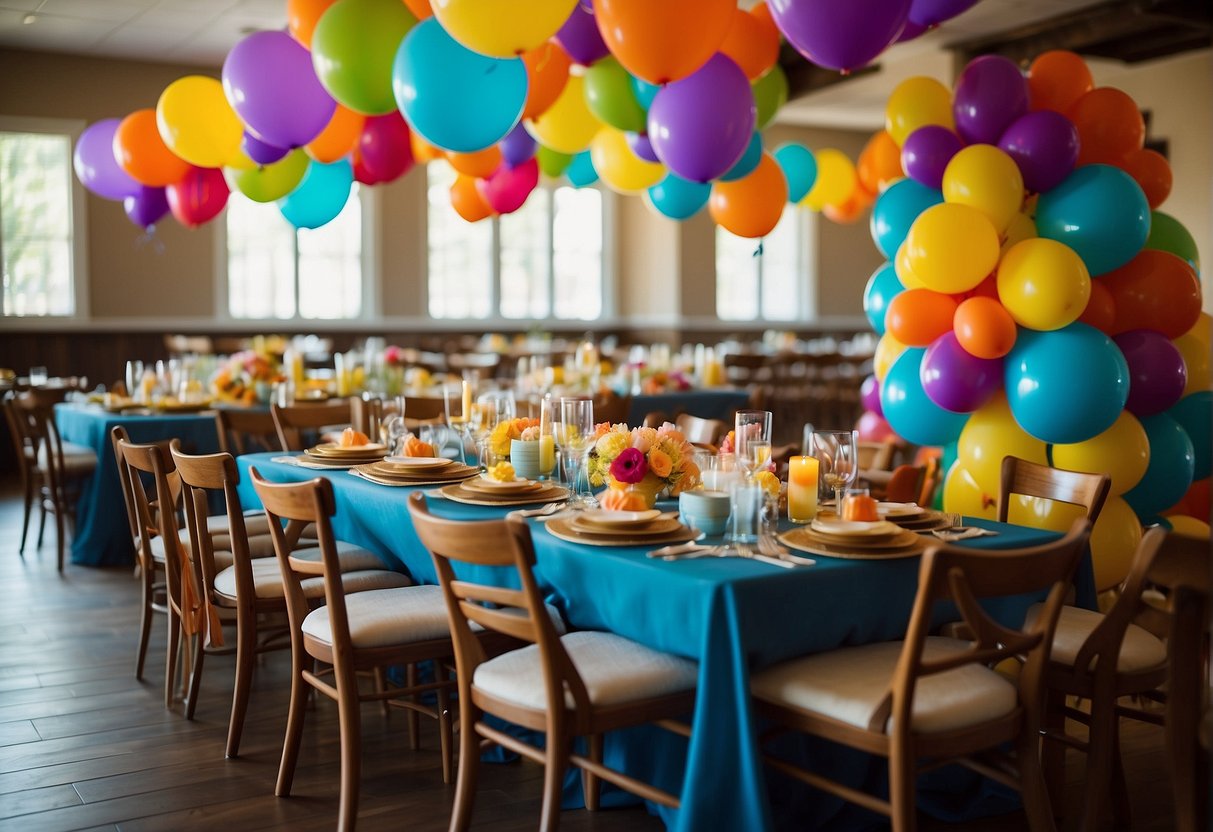 Colorful balloons, streamers, and confetti decorate a vibrant party space. Tables are set with festive centerpieces and party favors. A birthday cake with "34" candles awaits the guest of honor