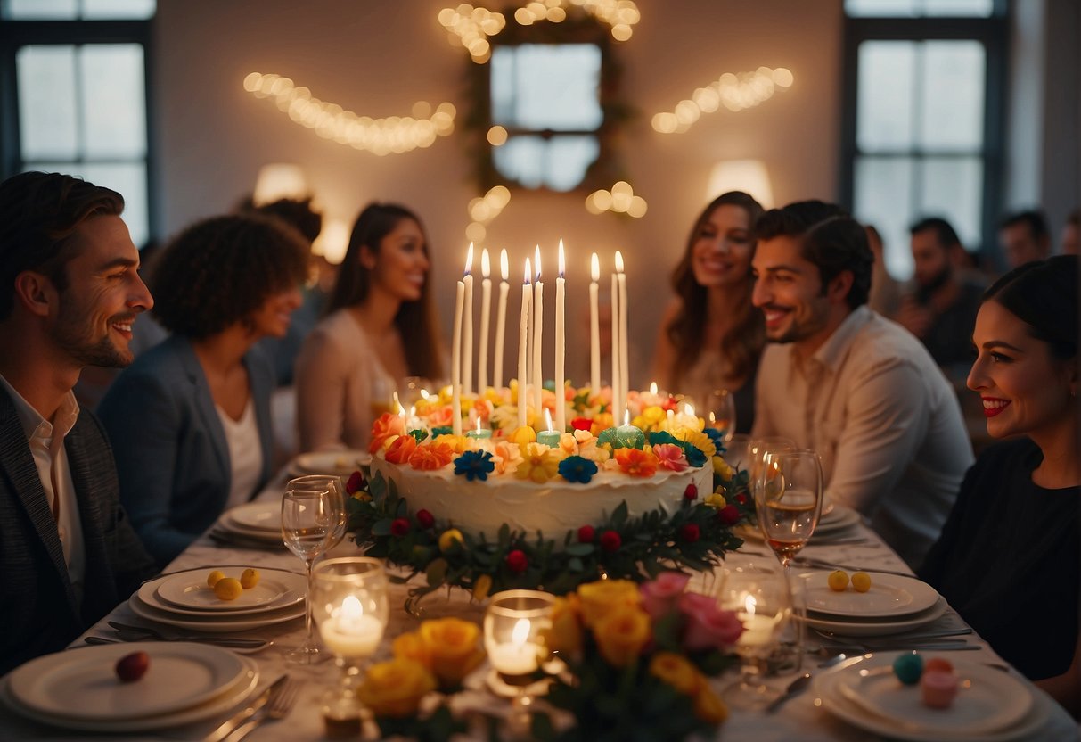 A festive table adorned with colorful decorations, surrounded by friends and family. A cake with 34 candles sits in the center, while laughter and music fill the air