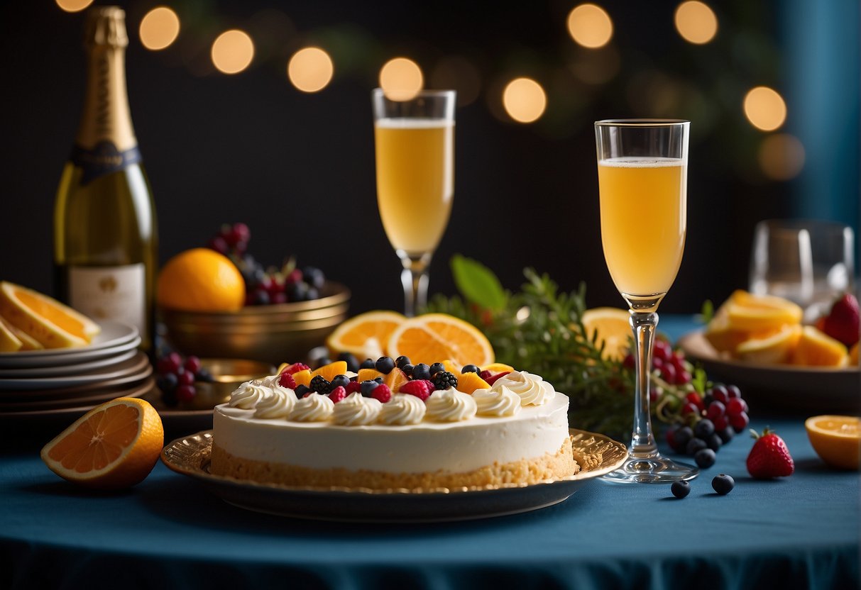 A table set with a colorful array of food and drinks, including a birthday cake and champagne glasses, surrounded by festive decorations