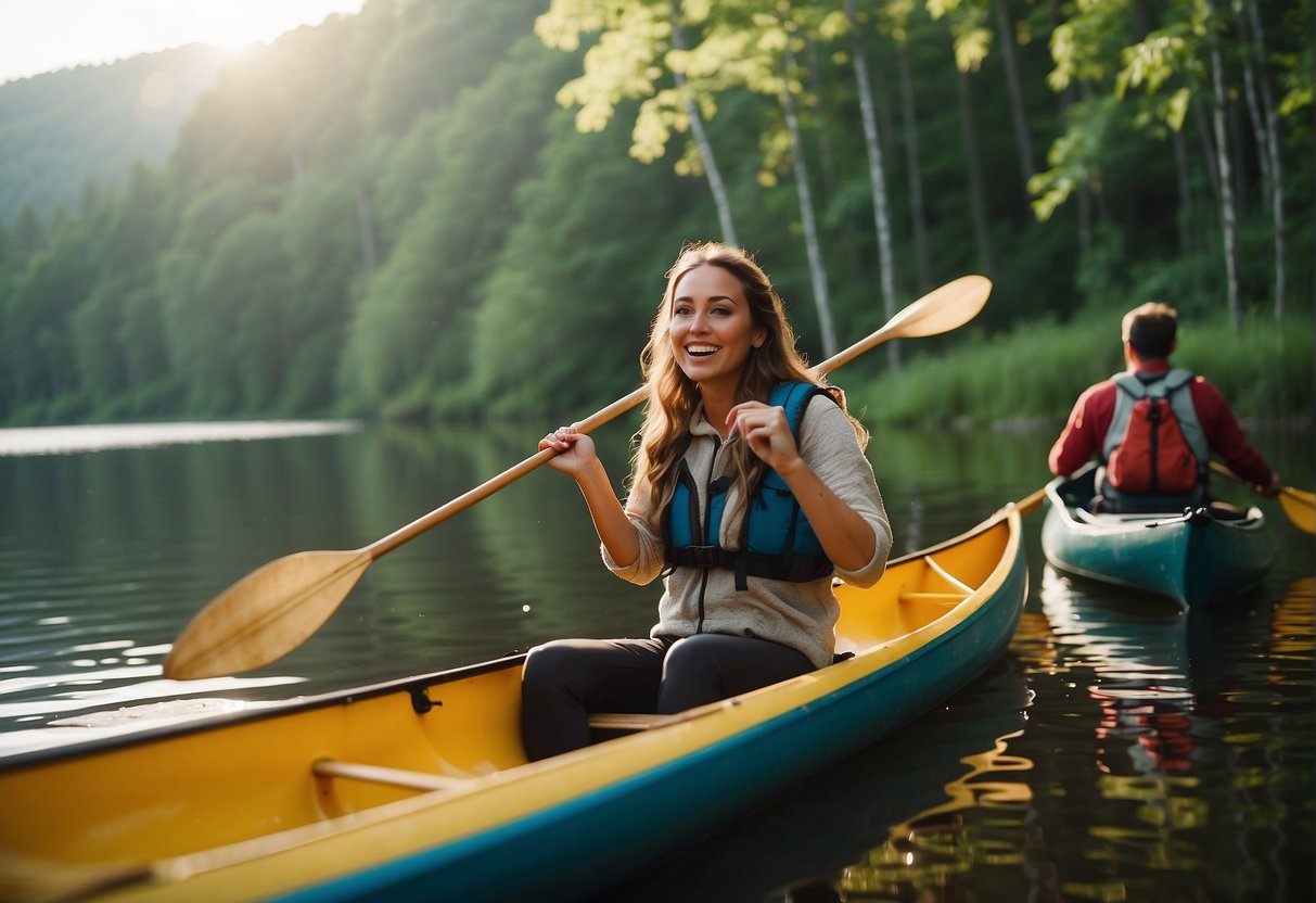 People celebrating 34th birthday with outdoor activities. Canoeing, hiking, and camping in a lush forest near a serene lake. Sun shining, birds chirping, and laughter filling the air