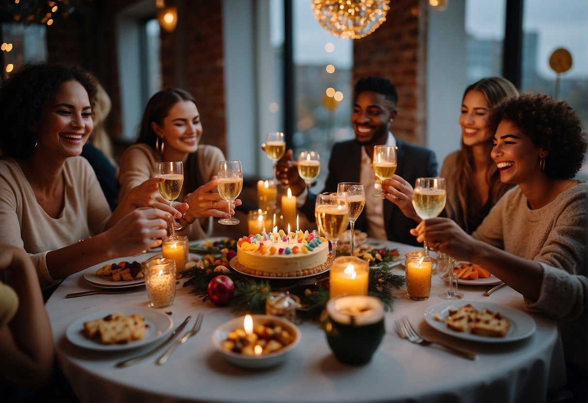 A festive table with colorful decorations, a cake with "35" candles, and a group of friends laughing and toasting with champagne