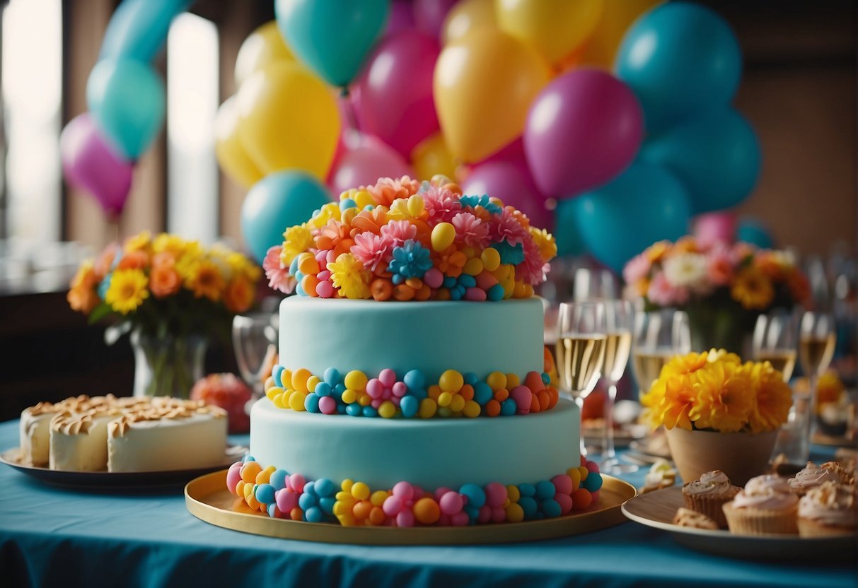 Colorful decorations, balloons, and streamers fill the room. A table is adorned with a cake and party favors. Guests mingle and laugh, enjoying the festive atmosphere