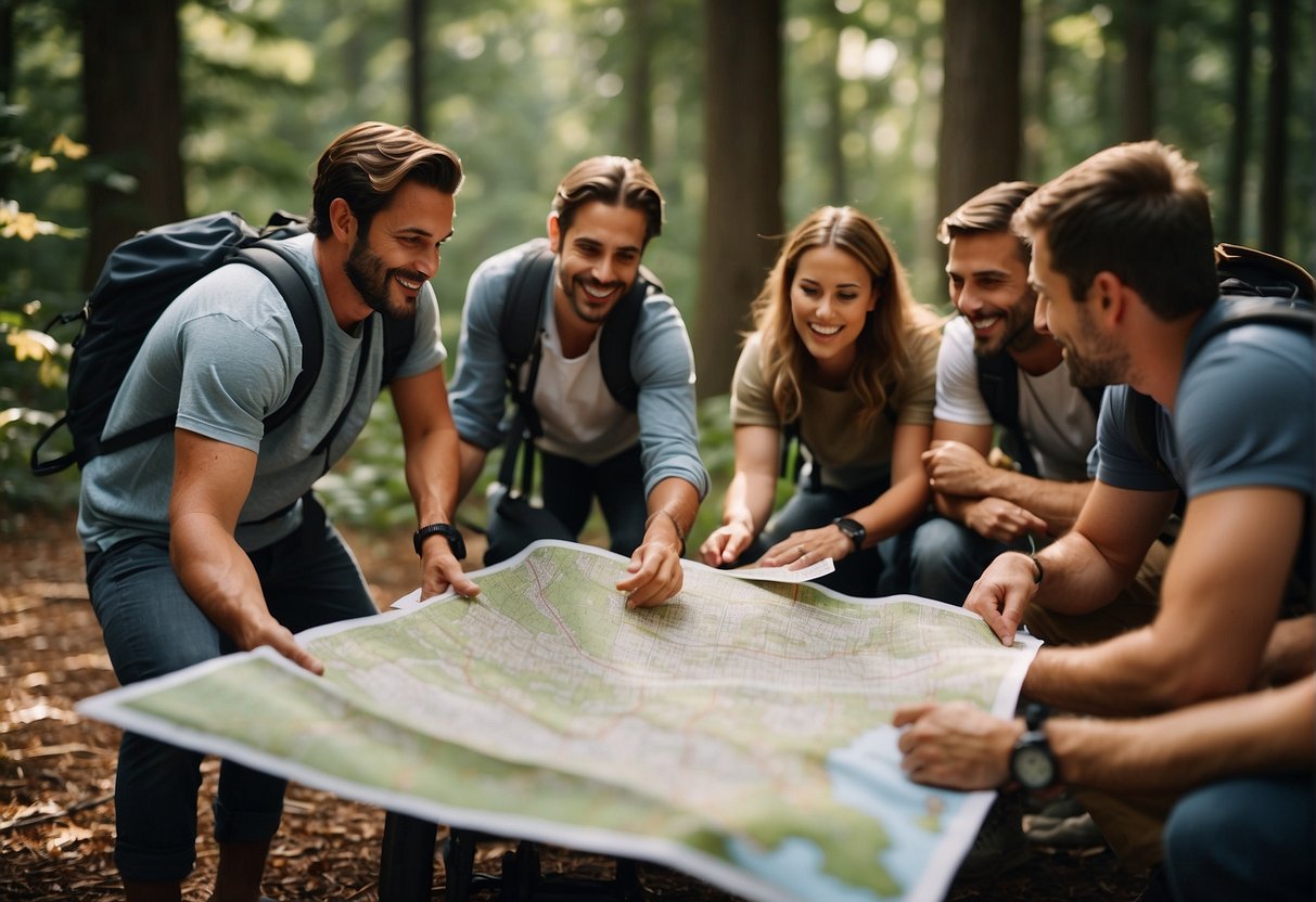 A group of friends gather around a map, pointing and discussing various outdoor activities for a 35th birthday celebration. Hiking trails, zip-lining, and camping spots are highlighted on the map, creating an atmosphere of excitement and anticipation