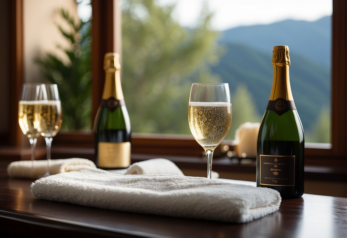 A luxurious spa setting with a hot tub, massage table, and fluffy robes. A champagne bottle and glasses sit on a nearby table