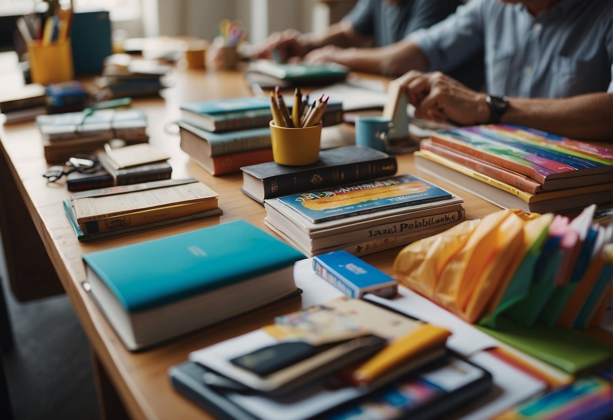 A colorful array of art supplies and books scattered across a table, surrounded by a group of friends engaged in lively conversation and creative activities