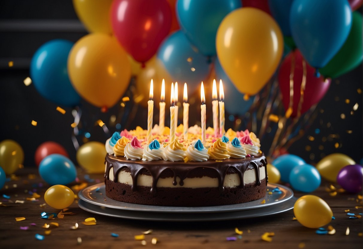 A birthday cake with 36 candles, surrounded by balloons and confetti. Gifts and cards scattered on a table. Smiling faces and laughter in the background