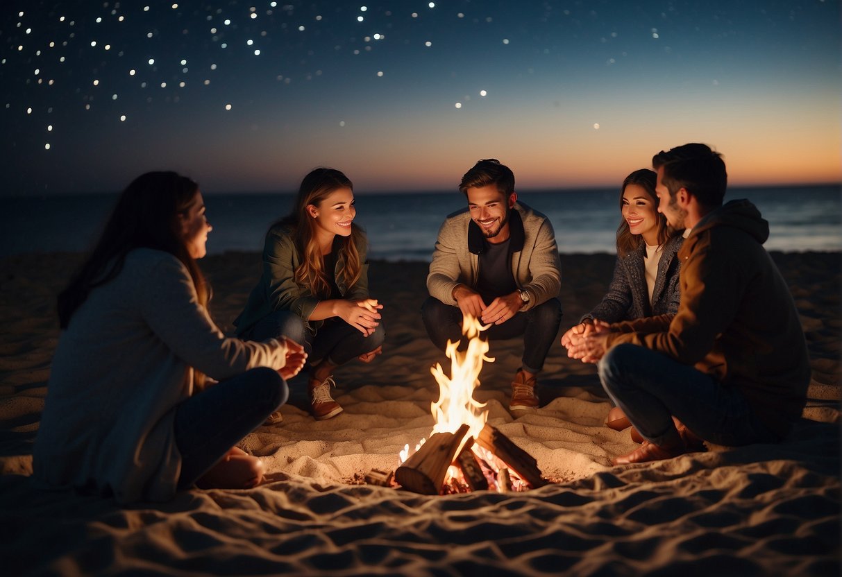 A group of people gather around a bonfire on the beach, roasting marshmallows and sharing stories under the starry night sky