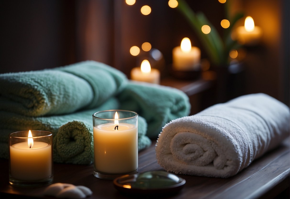 A serene spa setting with a massage table, aromatherapy candles, and soft, fluffy towels. A soothing soundtrack plays in the background, creating a tranquil atmosphere for relaxation and pampering