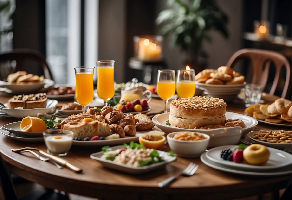 A table set with a variety of food and drinks, surrounded by festive decorations and birthday gifts