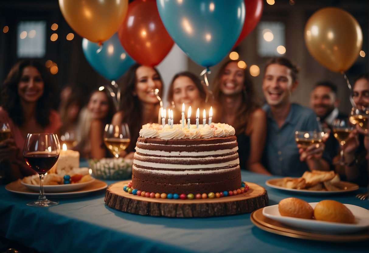 A festive table with a birthday cake, balloons, and presents. Guests mingle and laugh, raising glasses for a toast. Music plays in the background as the celebration continues