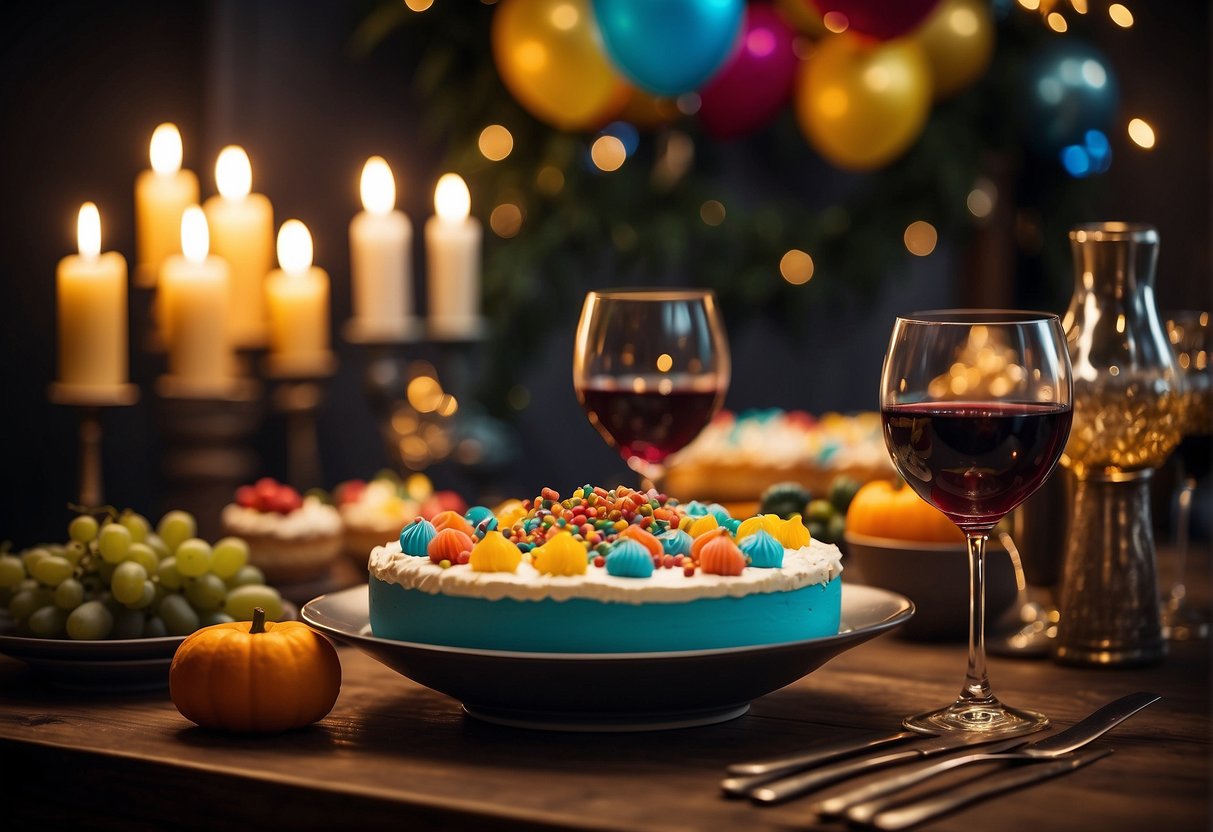 A festive table adorned with colorful decorations and a variety of unique birthday activities spread out, including a wine tasting station, crafting supplies, and a personalized cake